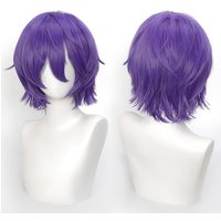 Short Cosplay Wigs 12 Inch Blue purple Short Wavy Bob Hair with Bang Spiky Anime Hair Cosplay Heat resistant Synthetic Fiber Wig