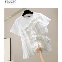 ZANZEA Summer Office Work Shirts Women Elegant Short Sleeve White Blouse Stylish Flounce Work Tops Casual Solid Blusas Tunic