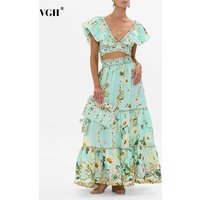 VGH Elegant Printing Two Piece Set for Women V Neck Flying Sleeve High Waist Bohemian Patchwork Folds A Line Skirt Suit Female