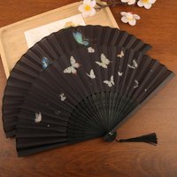 21 X 38cm Chinese Bamboo Folding Fan Butterfly Design With Tassel Elegant Handheld Fan For Summer Parties Weddings