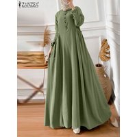 ZANZEA Elegant Long Sleeve Maxi Sundress Kaftan Fashion Muslim Turkey Dress Robe Femme Eid Mubarek Abaya Dubai Long Vestidos