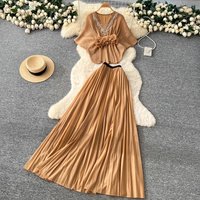 2026 New Pleated Ruffle Casual Suit High Waist Folds Skirt+V Neck Half Sleeve Top Women Fashion Evening Party 2 Piece Set