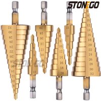 Stufenbohrer mit 1/4 Zoll Sechskantschaft, 4–12 mm/4–20 mm/4–32 mm, kegelförmiger, titanbeschichteter Metall-Lochschneider, HSS-Hochgeschwindigkeitsstahl, Schnellwechsel