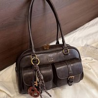 Women Multi-Pocket Tote Shoulder Bag with Golden-Tone Hardware & Letter, Stylish Handbag Purse for Travel, Work, Shopping, Dates
