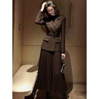 Elegant Professional Suit Set for Women Spring Commute Style High Waist Skirt And Blouse Combo Warm Thickened Polyester Fiber