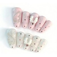 10 pieces of hand-pressed almond-shaped nails, beautiful fake nails, with pink and white star-shaped wings, suitable for women