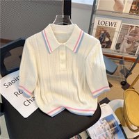 Women's Sweet Preppy Style Thin Knitted Polo Shirts Summer Fashion Striped Elegant Slim Short Sleeve Tops