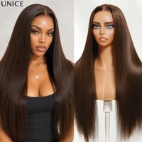 UNice #4 Brown Color 4x4 Lace Yaki Straight Wig With Drawstring Pre Cut Pre Bleached Glueless Human Hair Wig 150% Density