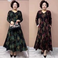 Spring and Autumn New Dress Mom's Temperament Fashion Slim Belly Stretch V-neck Long Sleeve Big Skirt Long Skirt