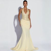 2026 New Arrival Light Yellow Halter Mermaid Evening Gown Formal Dress with Train for Women Ideal for Prom Wedding Bridesmaid