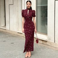 Elegant Slim Deep V-neck Floral Dress Spring and Summer Women Trend Soft Office Travel Vacation Leisure Flower Bud Sleeve Dress