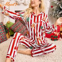 Meet'r New Year Christmas Long Sleeved Long Pants Home Clothes Underwear Striped Print Pajamas Ladies' Comfortable Pajamas