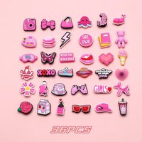 36pcs Pink Heart Valentine Shoe Charms PVC Shoe Decorations For Clogs Bubble Slides Sandals Accessories Festival Gift