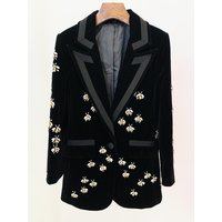 HIGH STREET Newest 2026 F/W Designer Jacket Women's Single Button Stunning Rhinestone Diamonds Beaded Bee Velvet Long Blazer