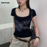 Karrram Trashy Y2k Tops Japanese 2000s Lace Short Sleeve T-shirt Vintage Harajuku Black Crop Top Gothic Grunge Aesthetics Tees