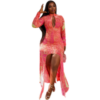 Women's Buttons Turtleneck Hollow Out Long Sleeve Waistband Hips Wrapped Long Dress