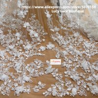 1.3M Wide(Height), 1Yard Long Ivory Beading Tulle Mesh Lace Embroidery 3D Appliqued Wedding Lace