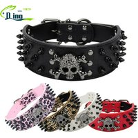 2" Wide Spiked Studded Leather Dog Collar Bullet Rivets with Cool Skull Pet Accessories for Meduim Large Dogs Pitbull Boxer XS-L