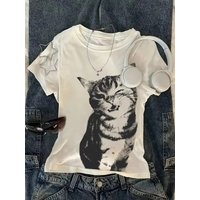 Plus-size Cat Print Women's High-street Loose-fitting T-shirt Street Style Suitable for All Seasons Fashionable and Versatile