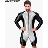 AMORESY Men's Shiny Glossy Tracksuit Set with Front Zipper Sports Fitness Running Overall Catsuit Jumpsuit for All-Purpose Use