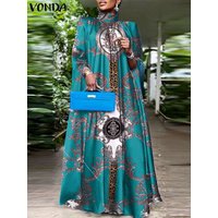 VONDA Women Elegant Party Dress 2024 Stand Collar Sexy Sleeveless Sundress Printed Maxi Dress Casual Bat Sleeve Long Robe