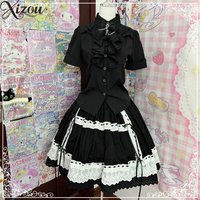 2025 Jirai Kei Lolita Shirt Bow 2-Piece Set Y2K Gothic Fairy Blouse High-Waist Black Japanese COS Outfit Slim Fit Summer Women