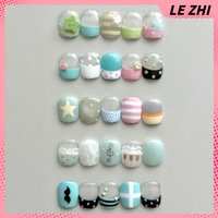 Short Japanese Style Diy Handmade Press On Nail Art Sticker Summer Freshness Dot Stripe Pattern French Fake Nail Manicure