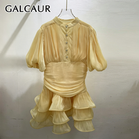GALCAUR Solid Slimming Spliced Beading Dress for Women Round Neck Short Sleeves Patchwork Ruffles Fold Dresses Female Fashion