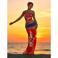 Kliou Floral Print 2 Piece Set Woman Summer Trend Halter Off Shoulder Backless Crop Tops+Elastic Waist Long Skirts Elegant Suits