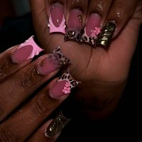 24pcs Duckbill False Nails Detachable Y2k Leopard Print Pink Short Press on Nails Flower Fake Nail French Full Cover Nail Tips