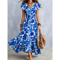 Boho Hibiscus Print V Neck Short Ruffle Sleeve Smocked Waist Vacation Maxi Dress For Women