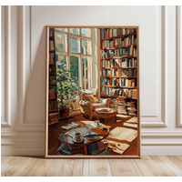 Cozy Reading Room Art Print | Impressionist Library Poster | Book Lover Wall Art | Warm Home Decor | Rustic Study Painting Style