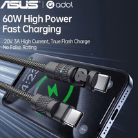 ASUS 60W C to C Fast Charging Cable 6ft Right Angle 90 Degree Rotatable Nylon Braided Type C Charger Cord with LED Light