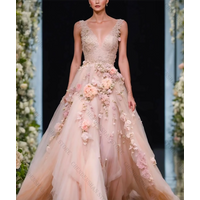 Pink V Neck Sleeveless Tulle Evening Dress A-Line 3D Flowers Appliques Robes De Soirée Customized Dresses