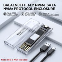 Tool-Free M.2 NVMe SATA SSD Enclosure, 10Gbps USB C M.2 Adapter, Transparent External Solid State Drive Case 2230/2242/2260/2280
