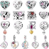 Hot Sale I Love My Mom 925 Silver Charm Bead Heart Shaped Mother's love Pendants Fit Bracelets Necklace DIY Mother's Day Jewelry