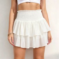 Smocked Waist Ruffle Mini Skirt with Built-in Shorts Flowy Chiffon Tiered Ruffle Short Skirt Women Teen-girl Summer Cute Outfit