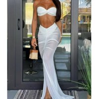 Sexy White Skirt Set Women Fashion Strapless Short Top+High Waist Sheer Package Hip Long Skirts 2 Piece Sets Holiday Beach Party