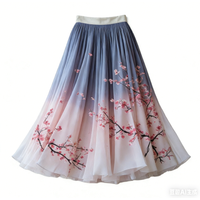 Ombre Cherry Blossom Maxi Skirt High Waist Flowy Chiffon Prom Skirt Beautiful Aesthetic Elegant Women Spring Pleated Streetwear