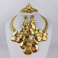 Dubai Classic Big Flower Pendant Jewelry Set for Women African Luxury Gold Plated Necklace Earrings Bangle Ring Set Wedding Part