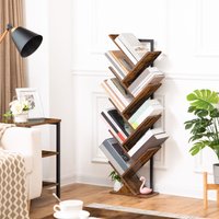 Tree Bookshelf Tall, 9-Tier Floor Standing Book Shelf, Tall Bookcase for CDs Albums, for Living Room, Rustic Brown and Black