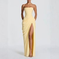 Women Dresses Solid Strapless Dress Party Vestidos Shirring High Waist Elegant Floor Length Slim Fit 2026 Summer Sexy Flods