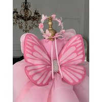 Custom Flower Girl Dress Wedding Gown Birthday Party Dress Butterfly Wing Pearl Decor Tulle Princess Dress Set With Headband