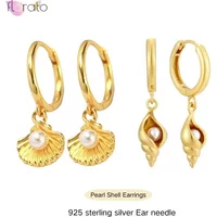 Pearl Conch Shell Pendant 925 Sterling Silver Needle Metal Piercing Hoop Earrings For Women Fashion Temperament Huggie Jewelry