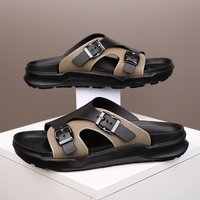 Men's leather one-piece slippers 2026 summer new comfortable breathable sandals outdoor fashionable anti slip beach slippers