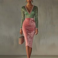 Autumn New Velvet Splicing Stretch Slim Wrap Hip High Waist Fishtail Skirt Long Skirt Dress Women Two Sets