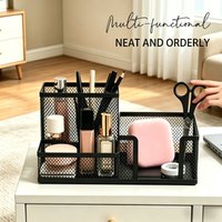 1pc Black Mesh Makeup Organizer, 3-Tier Storage with Brush Holder & Baskets, Multifunctional Cosmetic Supplies for Vanity Desk