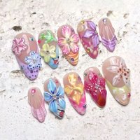 24PCS 3D Flowers Press on Nails Colorful Summer Almond Fake Nails for Women Pink Shell French Wearable Nail Manicure Full Cover