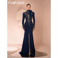 Blue Beaded Evening Dress Modest High Collar Long Sleeve Mother Of The Bride Dresses For Wedding Customzied Luxury Party Gown