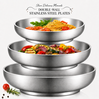 22/24/26cm Double Wall Plates Stainless Steel 304 Insulated Deep Dinner Plate Metal Serving Dishes For Pasta Salad Steak Camping